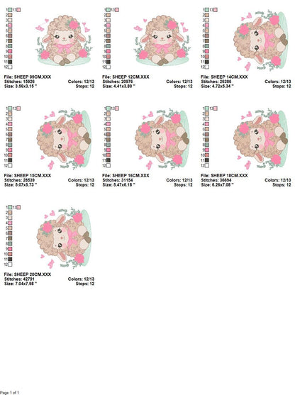 Sheep embroidery design - Lamb with flowers and hearts machine embroidery pattern - Baby girl file - Instant digital download pes jef dst