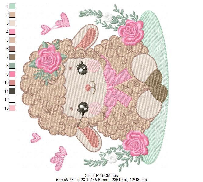 Sheep embroidery design - Lamb with flowers and hearts machine embroidery pattern - Baby girl file - Instant digital download pes jef dst