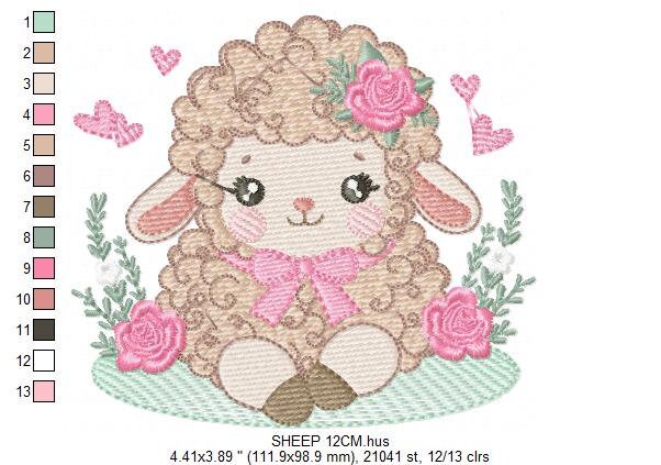 Sheep embroidery design - Lamb with flowers and hearts machine embroidery pattern - Baby girl file - Instant digital download pes jef dst