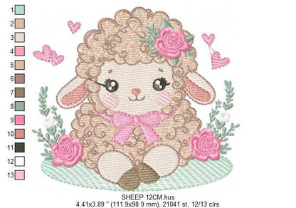 Sheep embroidery design - Lamb with flowers and hearts machine embroidery pattern - Baby girl file - Instant digital download pes jef dst