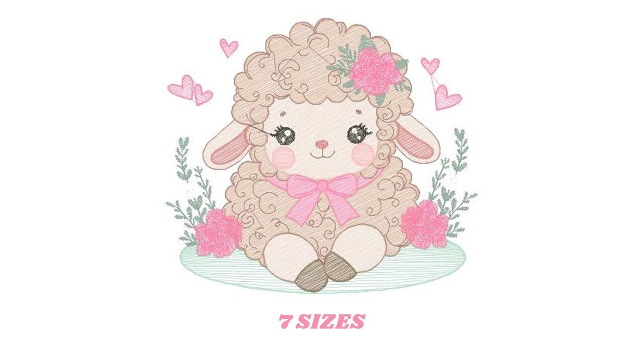 Sheep embroidery design - Lamb with flowers and hearts machine embroidery pattern - Baby girl file - Instant digital download pes jef dst