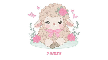 Sheep embroidery design - Lamb with flowers and hearts machine embroidery pattern - Baby girl file - Instant digital download pes jef dst