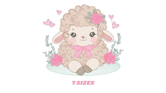Sheep embroidery design - Lamb with flowers and hearts machine embroidery pattern - Baby girl file - Instant digital download pes jef dst Marcia Embroidery