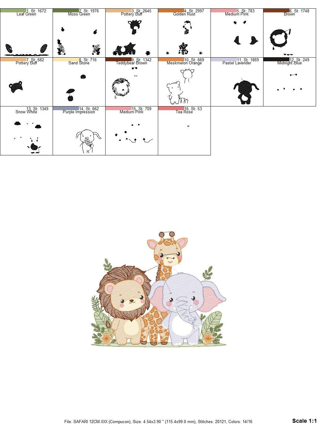 Safari wild animals embroidery designs - Elephant Giraffe and Lion machine embroidery pattern - Baby boy file - Instant digital download pes - Marcia Embroidery