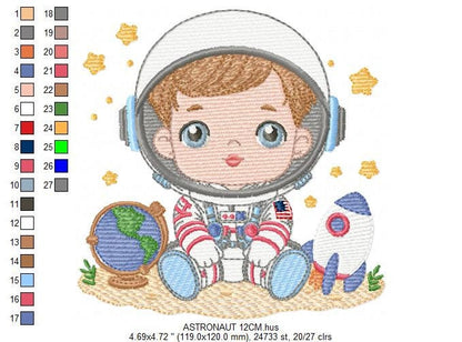 Astronaut with stars embroidery designs - Baby boy with rocket and earth machine embroidery pattern - Instant digital download pes jef dst