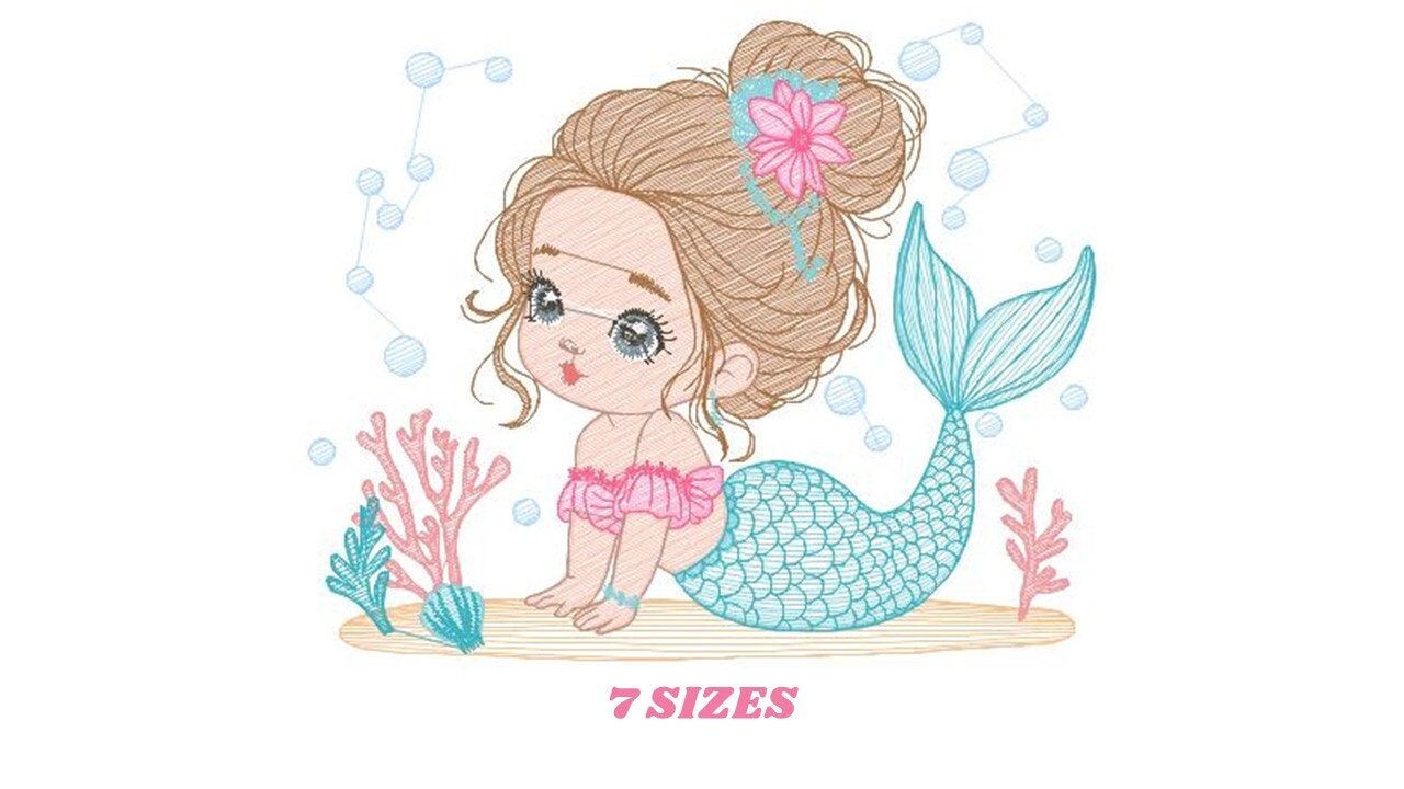Mermaid embroidery designs - Princess embroidery design machine embroidery pattern - Mermaid rippled design Baby girl embroidery download