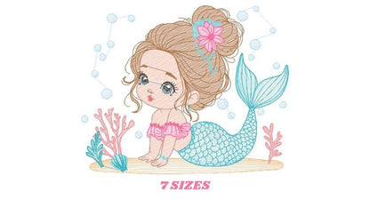 Mermaid embroidery designs - Princess embroidery design machine embroidery pattern - Mermaid rippled design Baby girl embroidery download
