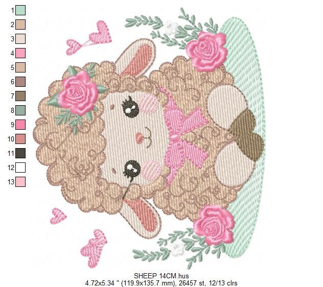 Sheep embroidery design - Lamb with flowers and hearts machine embroidery pattern - Baby girl file - Instant digital download pes jef dst