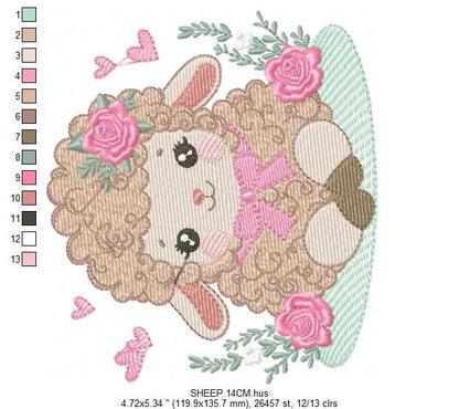 Sheep embroidery design - Lamb with flowers and hearts machine embroidery pattern - Baby girl file - Instant digital download pes jef dst
