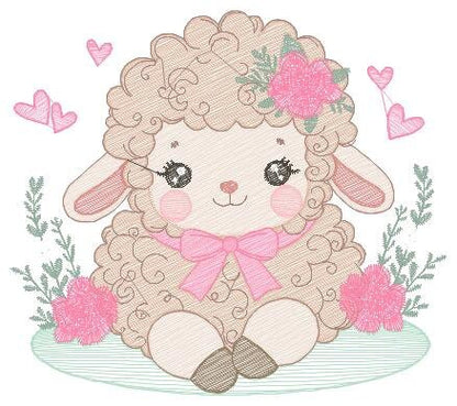 Sheep embroidery design - Lamb with flowers and hearts machine embroidery pattern - Baby girl file - Instant digital download pes jef dst