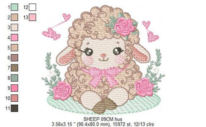 Sheep embroidery design - Lamb with flowers and hearts machine embroidery pattern - Baby girl file - Instant digital download pes jef dst