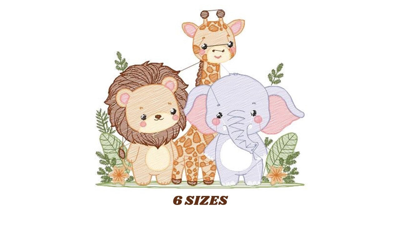 Safari wild animals embroidery designs - Elephant Giraffe and Lion machine embroidery pattern - Baby boy file - Instant digital download pes - Marcia Embroidery