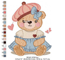 Load image into Gallery viewer, Female Bear embroidery designs - Baby girl embroidery design machine embroidery pattern - Bear with lace and dress embroidery file pes jef
