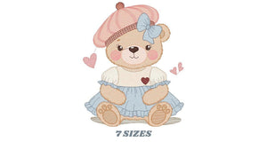 Female Bear embroidery designs - Baby girl embroidery design machine embroidery pattern - Bear with lace and dress embroidery file pes jef