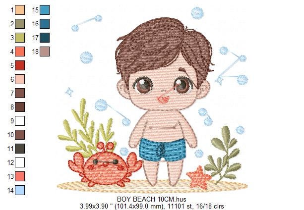 Swimmer embroidery designs - Baby boy with swim trunks machine pattern - Boy with crab and starfish at the beach - Instant digital download