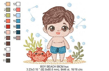 Swimmer embroidery designs - Baby boy with swim trunks machine pattern - Boy with crab and starfish at the beach - Instant digital download