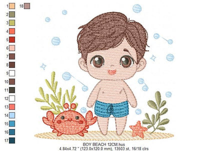 Swimmer embroidery designs - Baby boy with swim trunks machine pattern - Boy with crab and starfish at the beach - Instant digital download