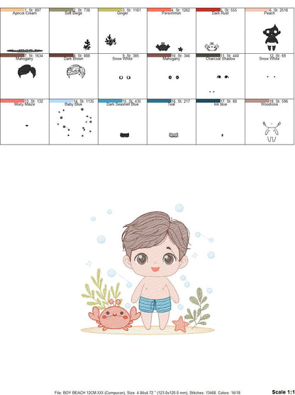 Swimmer embroidery designs - Baby boy with swim trunks machine pattern - Boy with crab and starfish at the beach - Instant digital download