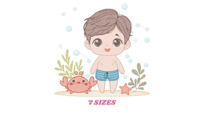 Swimmer embroidery designs - Baby boy with swim trunks machine pattern - Boy with crab and starfish at the beach - Instant digital download