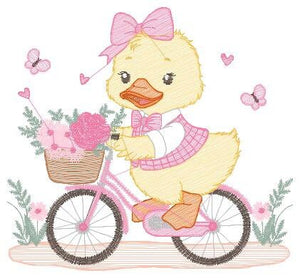 Duck embroidery design - Baby girl embroidery designs machine embroidery pattern - animal embroidery file - duck with bike and flowers