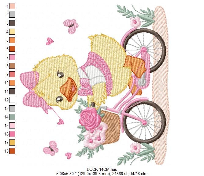Duck embroidery design - Baby girl embroidery designs machine embroidery pattern - animal embroidery file - duck with bike and flowers