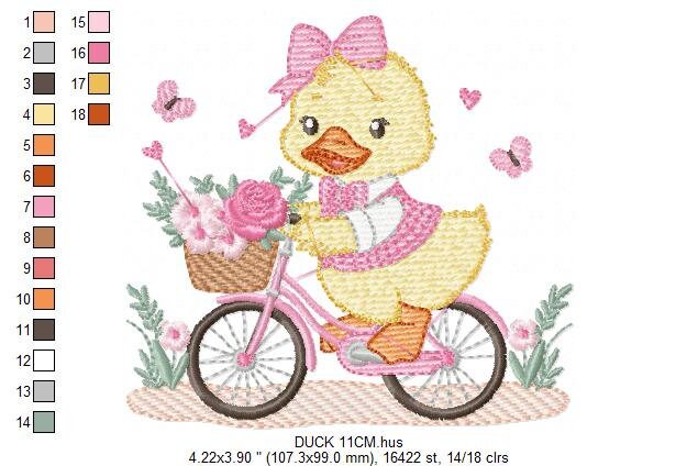 Duck embroidery design - Baby girl embroidery designs machine embroidery pattern - animal embroidery file - duck with bike and flowers
