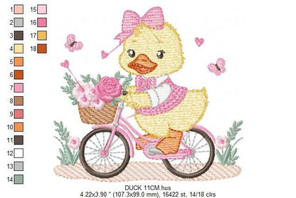 Duck embroidery design - Baby girl embroidery designs machine embroidery pattern - animal embroidery file - duck with bike and flowers
