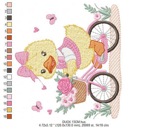 Duck embroidery design - Baby girl embroidery designs machine embroidery pattern - animal embroidery file - duck with bike and flowers