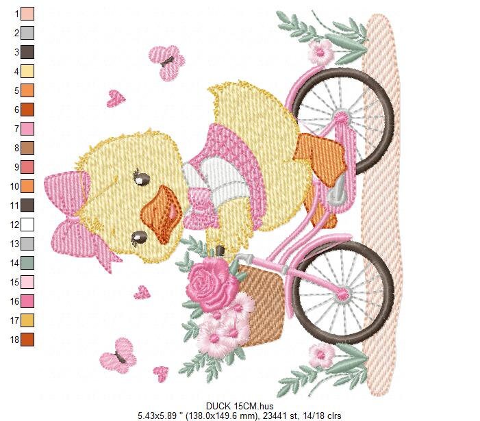 Duck embroidery design - Baby girl embroidery designs machine embroidery pattern - animal embroidery file - duck with bike and flowers