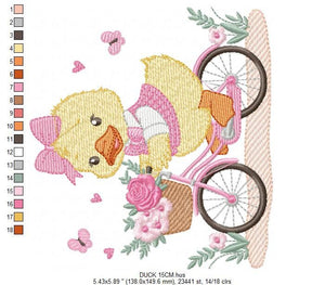 Duck embroidery design - Baby girl embroidery designs machine embroidery pattern - animal embroidery file - duck with bike and flowers