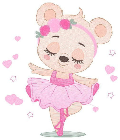 Ballerina Bear embroidery designs - Ballet Dancer with hearts machine embroidery pattern - Baby girl file - Instant digital download pes jef
