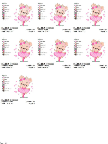 Ballerina Bear embroidery designs - Ballet Dancer with hearts machine embroidery pattern - Baby girl file - Instant digital download pes jef