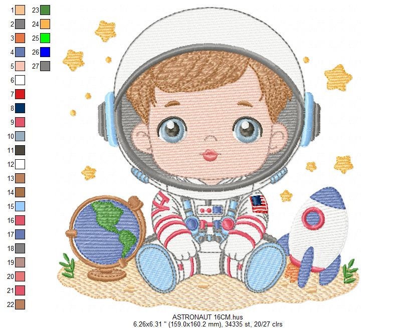 Astronaut with stars embroidery designs - Baby boy with rocket and earth machine embroidery pattern - Instant digital download pes jef dst