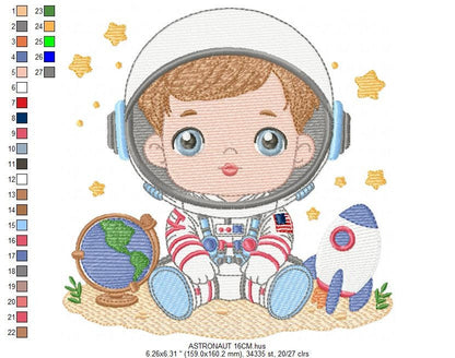 Astronaut with stars embroidery designs - Baby boy with rocket and earth machine embroidery pattern - Instant digital download pes jef dst