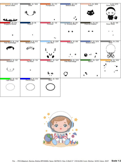 Astronaut with stars embroidery designs - Baby boy with rocket and earth machine embroidery pattern - Instant digital download pes jef dst