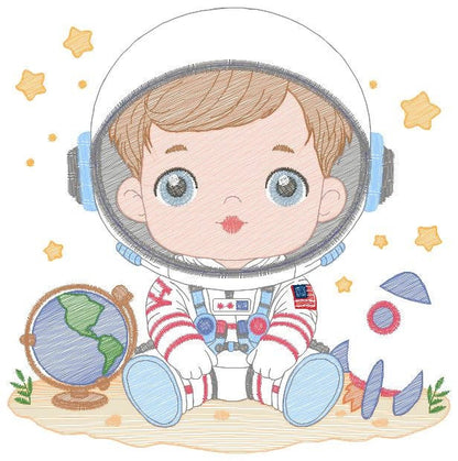 Astronaut with stars embroidery designs - Baby boy with rocket and earth machine embroidery pattern - Instant digital download pes jef dst