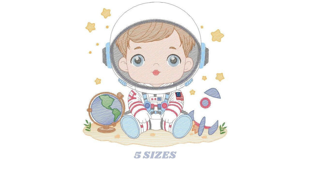 Astronaut with stars embroidery designs - Baby boy with rocket and earth machine embroidery pattern - Instant digital download pes jef dst