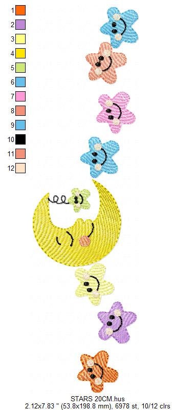 Moon with stars in a line embroidery design - half moon embroidery design machine embroidery pattern - Stars embroidery - sky embroidery