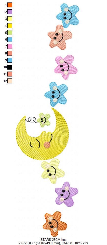 Moon with stars in a line embroidery design - half moon embroidery design machine embroidery pattern - Stars embroidery - sky embroidery