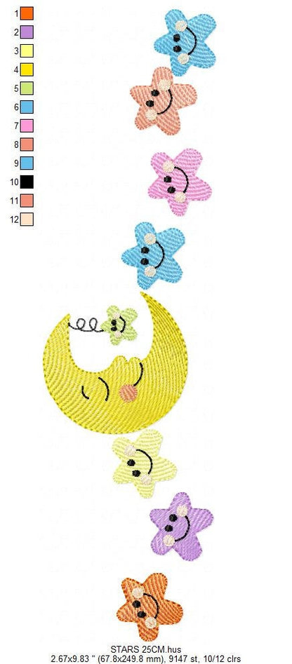 Moon with stars in a line embroidery design - half moon embroidery design machine embroidery pattern - Stars embroidery - sky embroidery