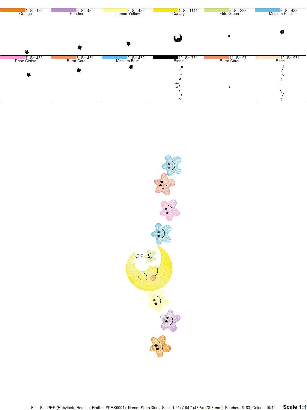 Moon with stars in a line embroidery design - half moon embroidery design machine embroidery pattern - Stars embroidery - sky embroidery