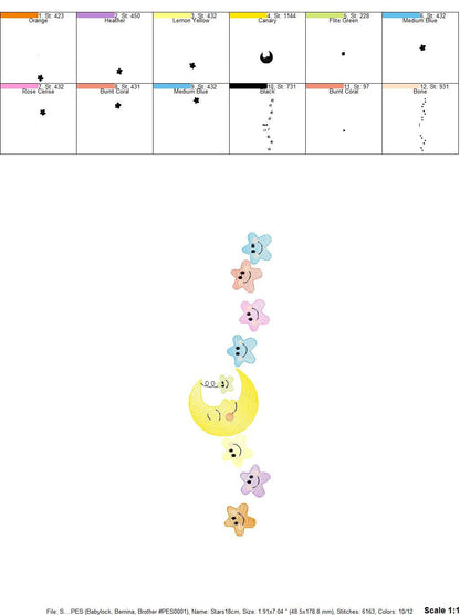 Moon with stars in a line embroidery design - half moon embroidery design machine embroidery pattern - Stars embroidery - sky embroidery