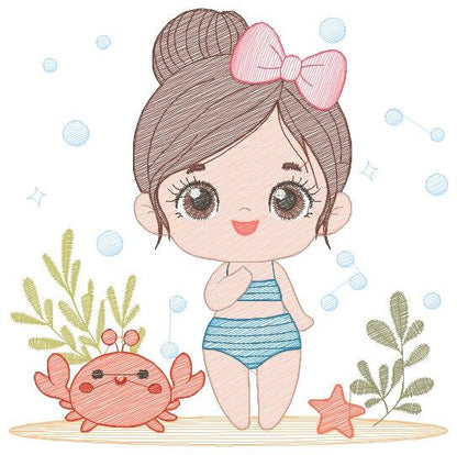 Swimmer embroidery designs - Baby girl embroidery design machine embroidery pattern - Pool embroidery Beach embroidery girl with floater
