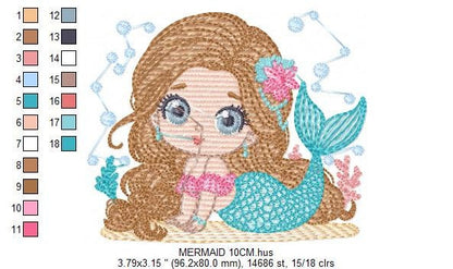 Mermaid embroidery designs - Princess embroidery design machine embroidery pattern - Mermaid rippled design Baby girl embroidery download
