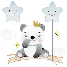 Laden Sie das Bild in den Galerie-Viewer, King Panda embroidery design - Animal embroidery designs machine embroidery pattern - Baby boy embroidery file - Panda with stars balloons
