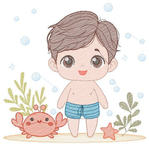 Swimmer embroidery designs - Baby boy with swim trunks machine pattern - Boy with crab and starfish at the beach - Instant digital download