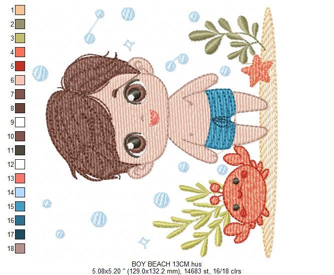 Swimmer embroidery designs - Baby boy with swim trunks machine pattern - Boy with crab and starfish at the beach - Instant digital download
