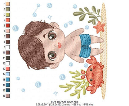 Swimmer embroidery designs - Baby boy with swim trunks machine pattern - Boy with crab and starfish at the beach - Instant digital download