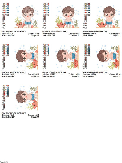 Swimmer embroidery designs - Baby boy with swim trunks machine pattern - Boy with crab and starfish at the beach - Instant digital download