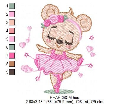 Ballerina Bear embroidery designs - Ballet Dancer with hearts machine embroidery pattern - Baby girl file - Instant digital download pes jef